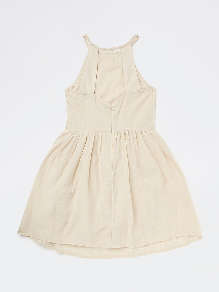 Y&F Kids Girls Beige Floral Cotton Fit-and-Flare Dress