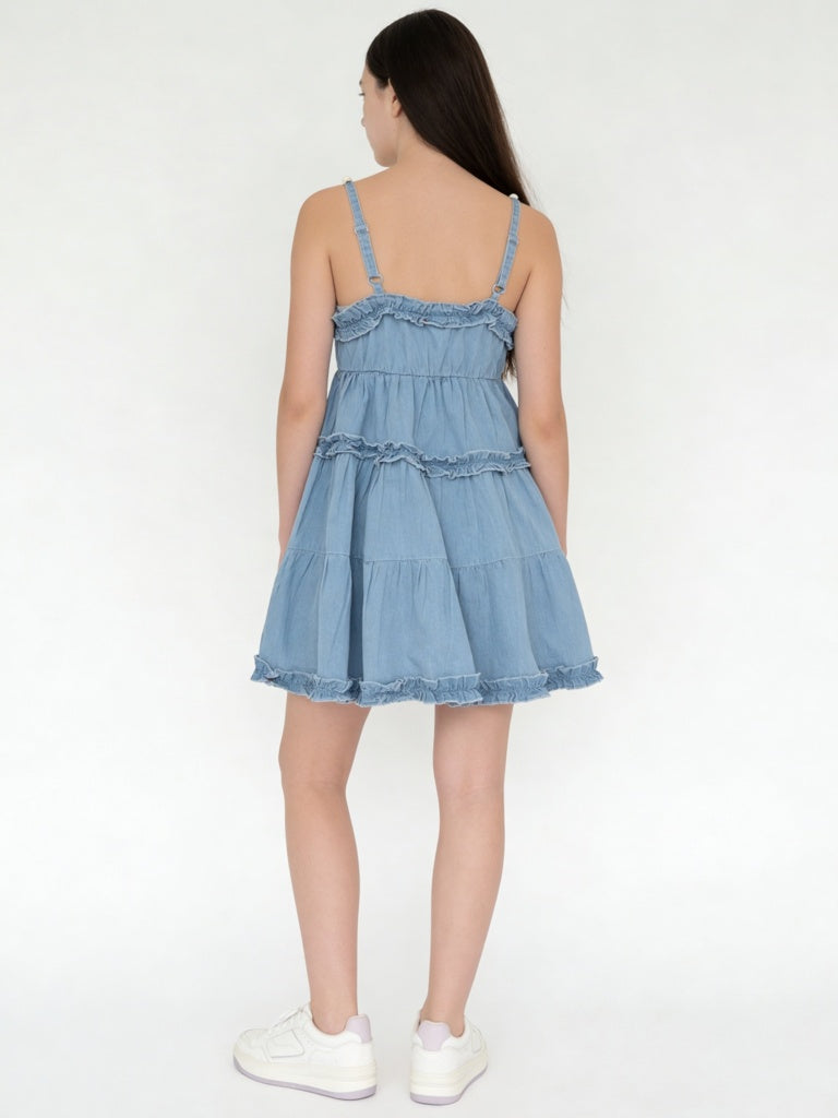 Y&F Kids Girls Blue Tiered Denim Dress