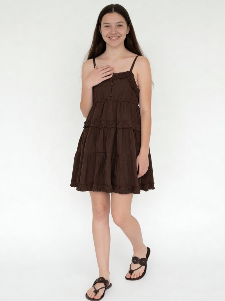 Y&F Kids Girls Dark Brown Tiered Cotton Dress