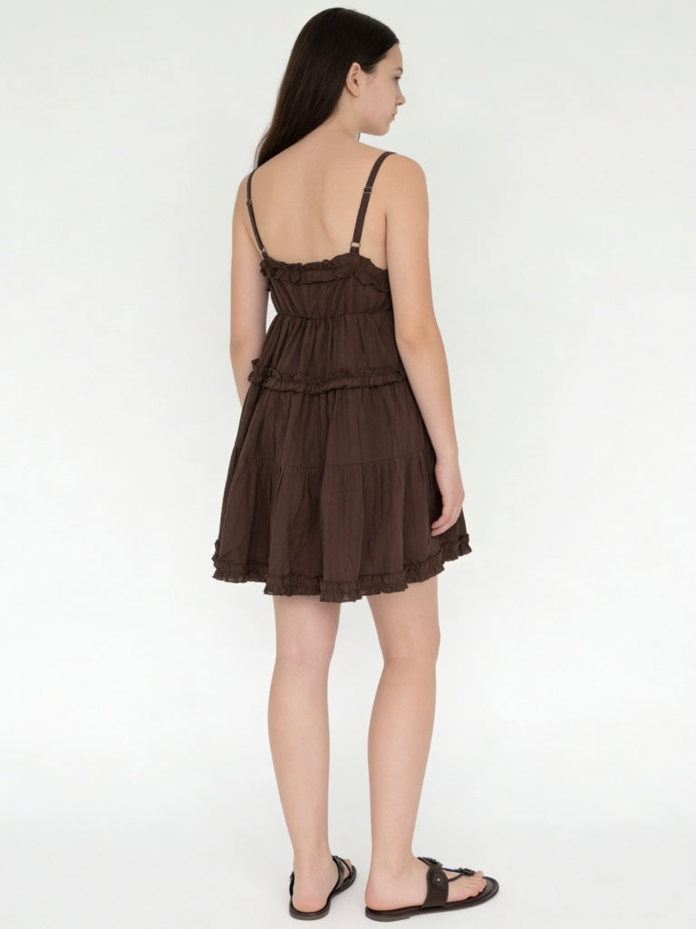 Y&F Kids Girls Dark Brown Tiered Cotton Dress