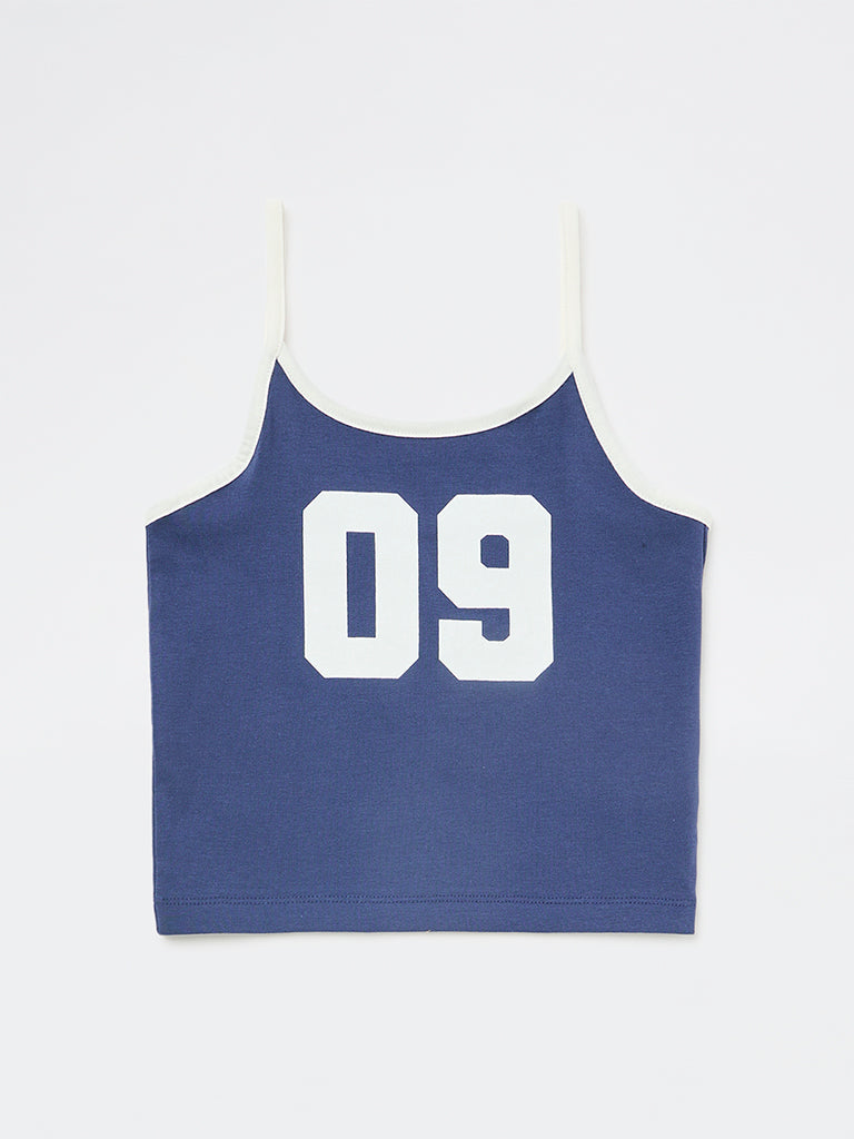 Y&F Kids Girls Blue Numerical Printed Cotton-Blend Top