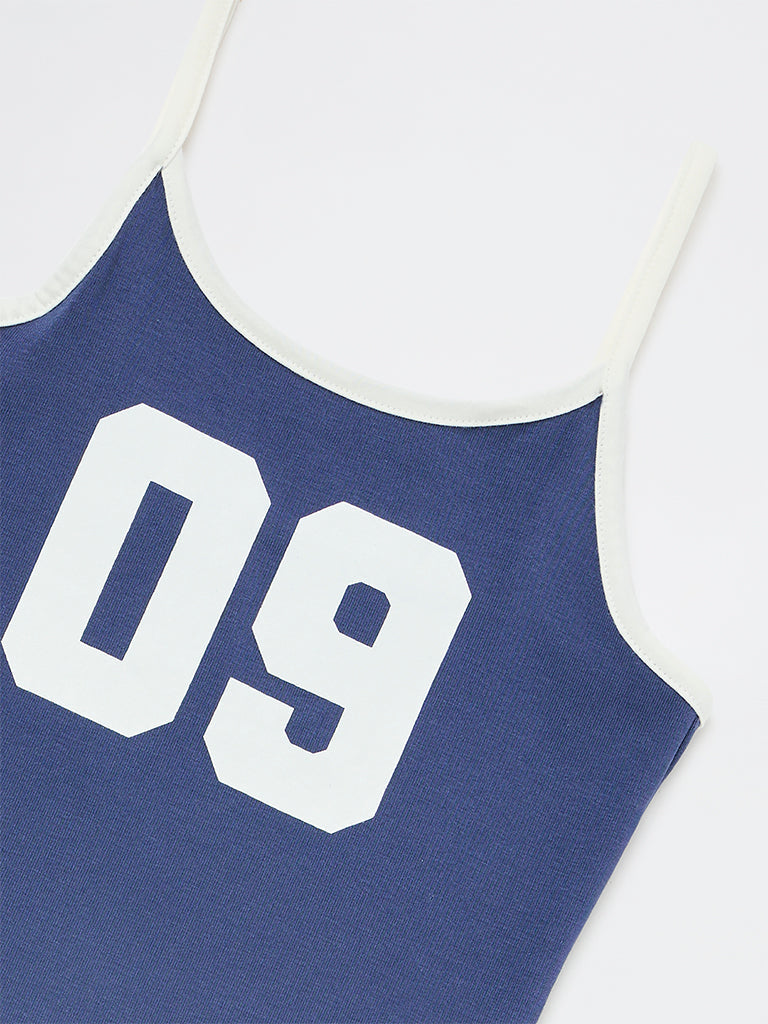 Y&F Kids Girls Blue Numerical Printed Cotton-Blend Top
