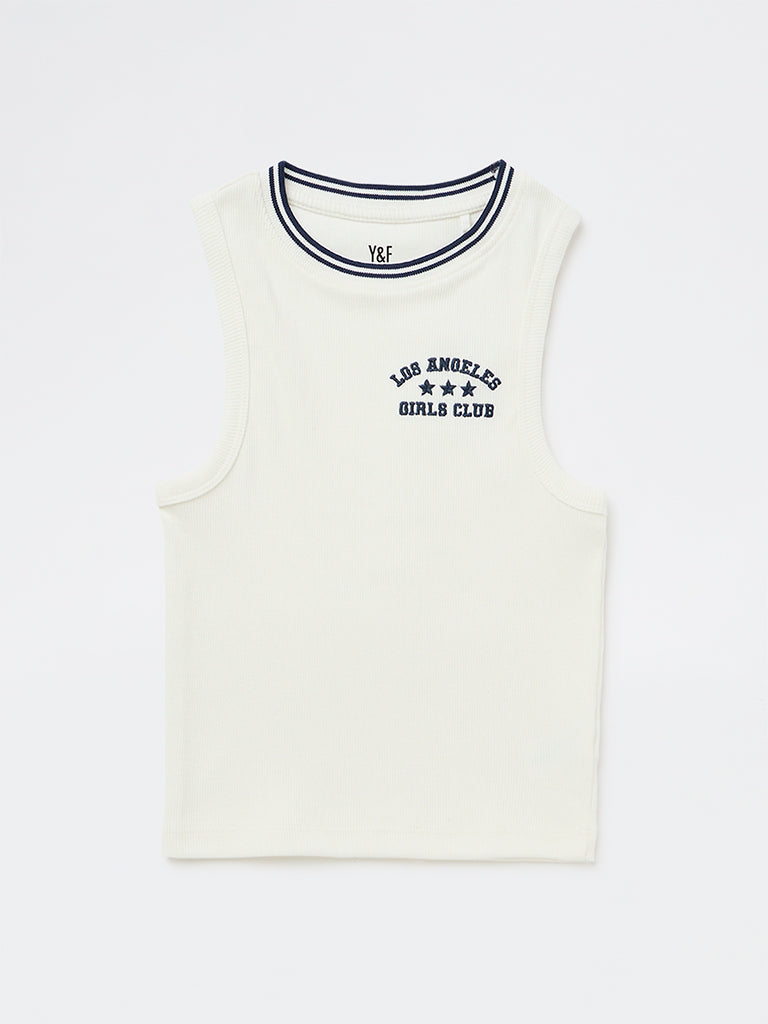 Y&F Kids Girls White Text Embroidered Cotton-Blend Top