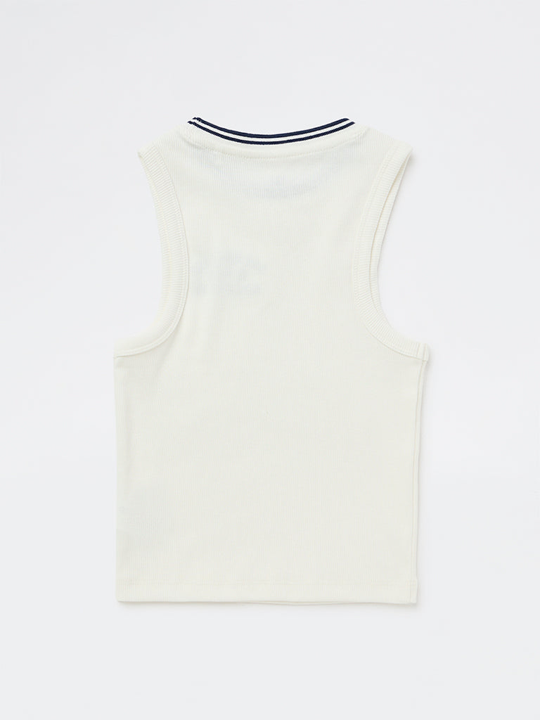Y&F Kids Girls White Text Embroidered Cotton-Blend Top