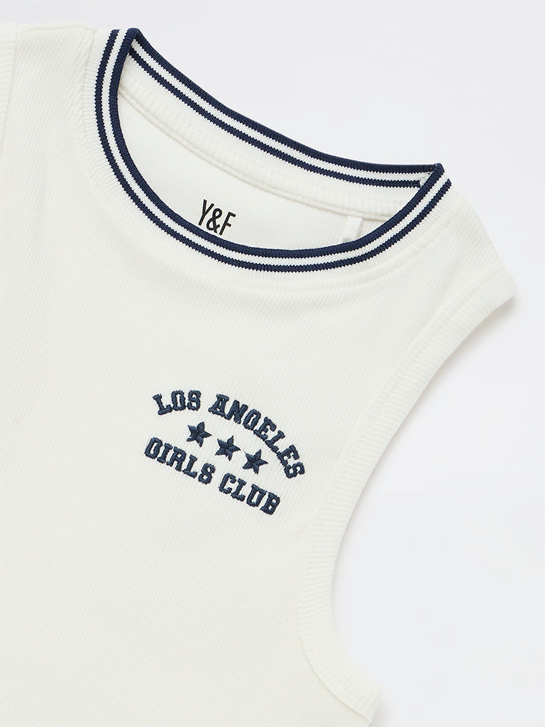 Y&F Kids Girls White Text Embroidered Cotton-Blend Top