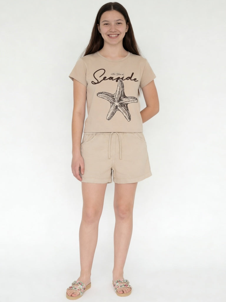 Y&F Kids Girls Beige Printed Cotton-Blend T-Shirt