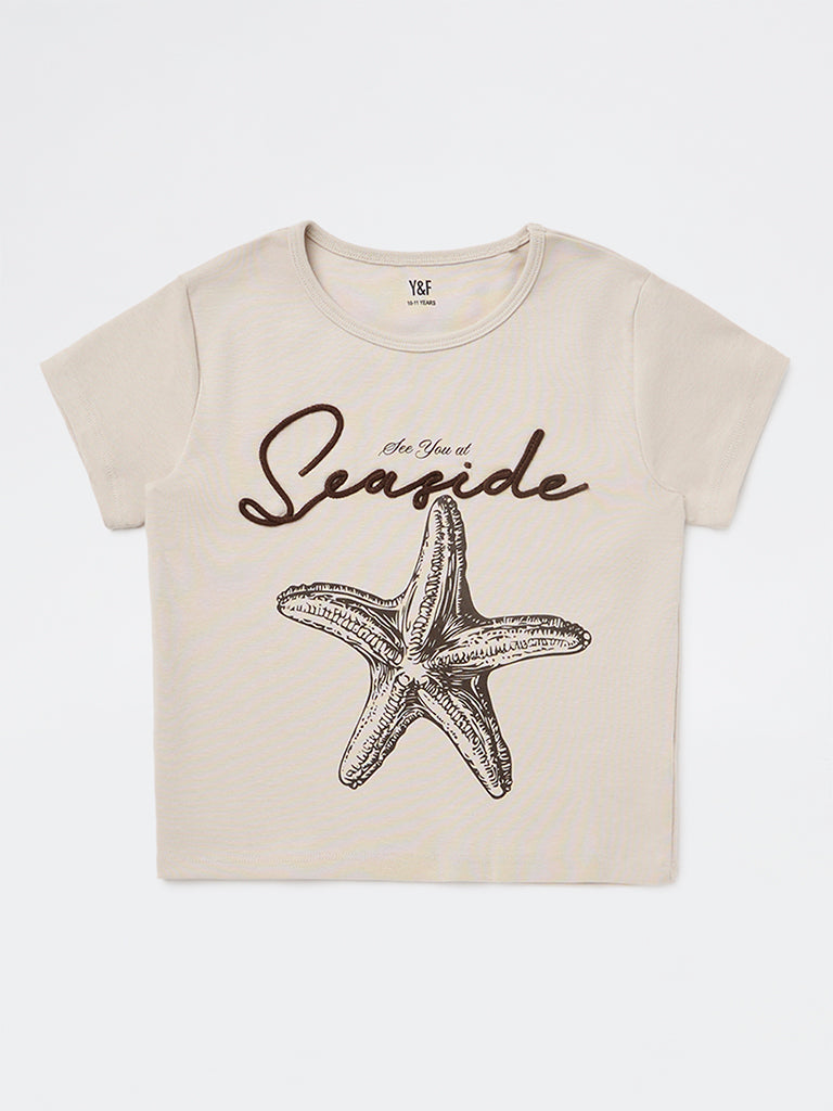 Y&F Kids Girls Beige Printed Cotton-Blend T-Shirt