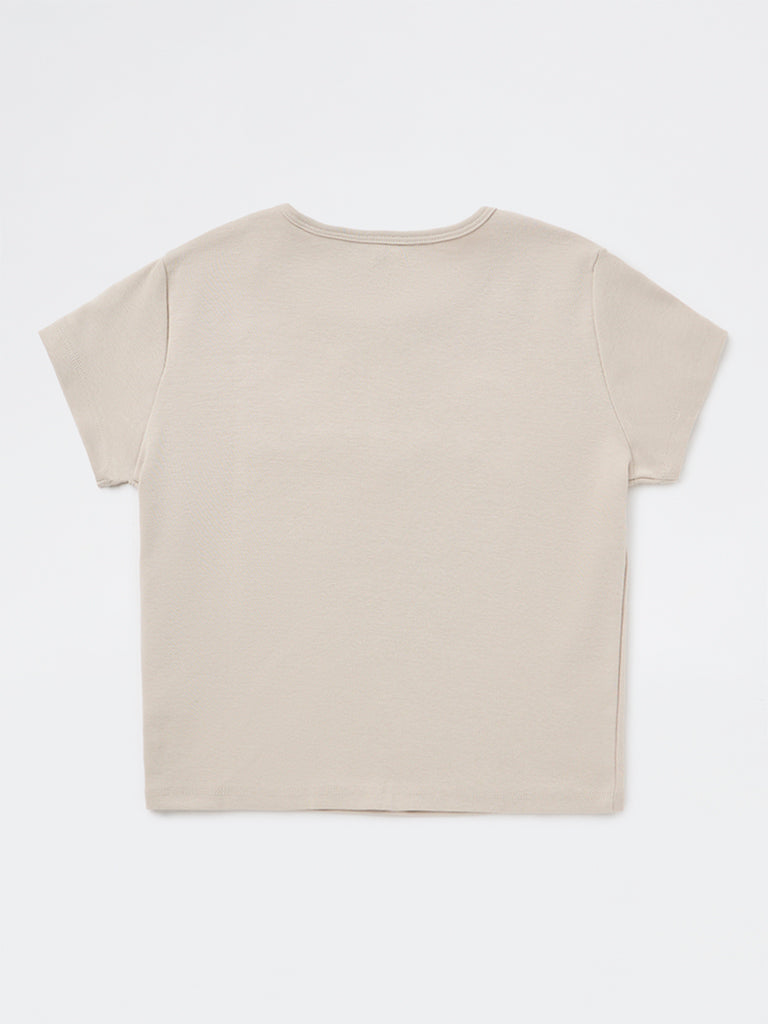 Y&F Kids Girls Beige Printed Cotton-Blend T-Shirt