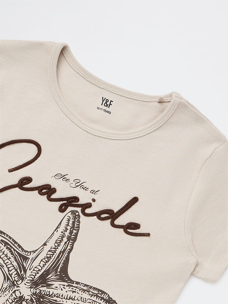 Y&F Kids Girls Beige Printed Cotton-Blend T-Shirt