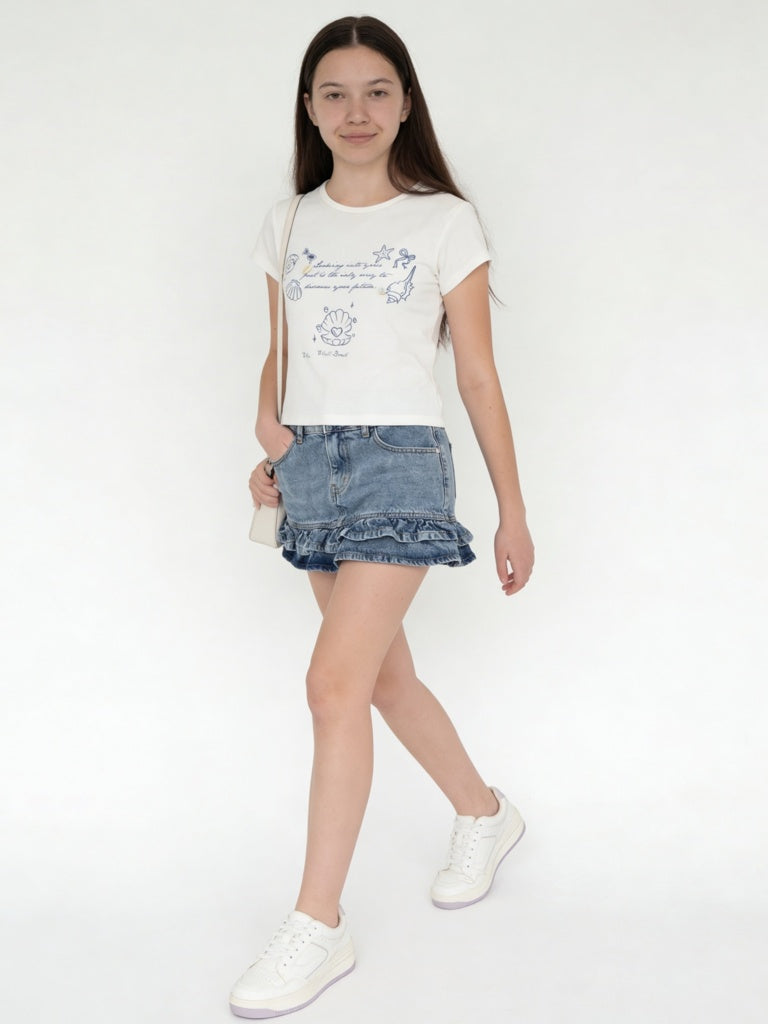 Y&F Kids Girls White Printed Cotton-Blend T-Shirt