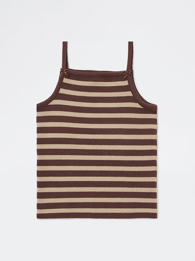 Y&F Kids Girls Brown Striped Cotton-Blend Top
