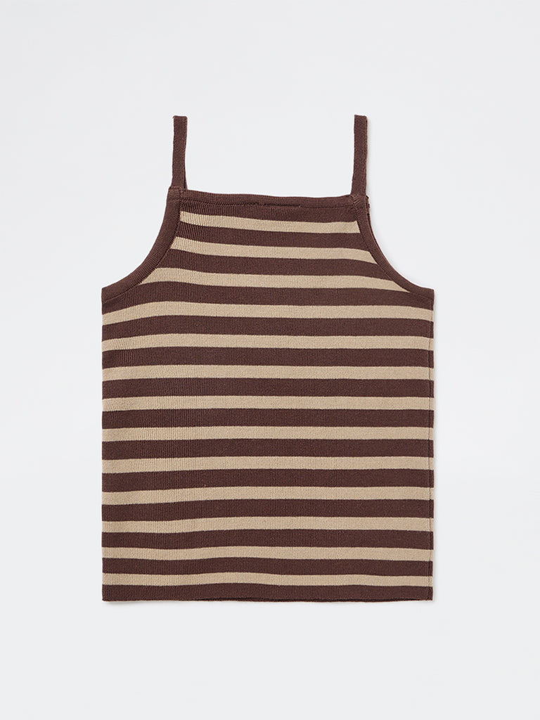 Y&F Kids Girls Brown Striped Cotton-Blend Top