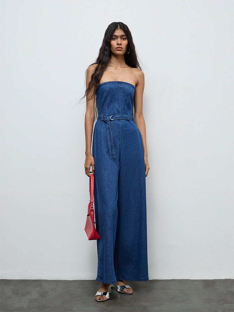 Nuon Dark Blue Denim Jumpsuit with Belt