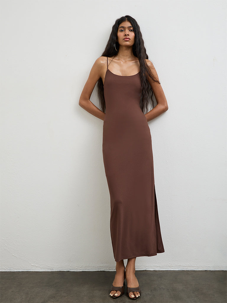Nuon Brown Solid Slit-Detail Bodycon Dress