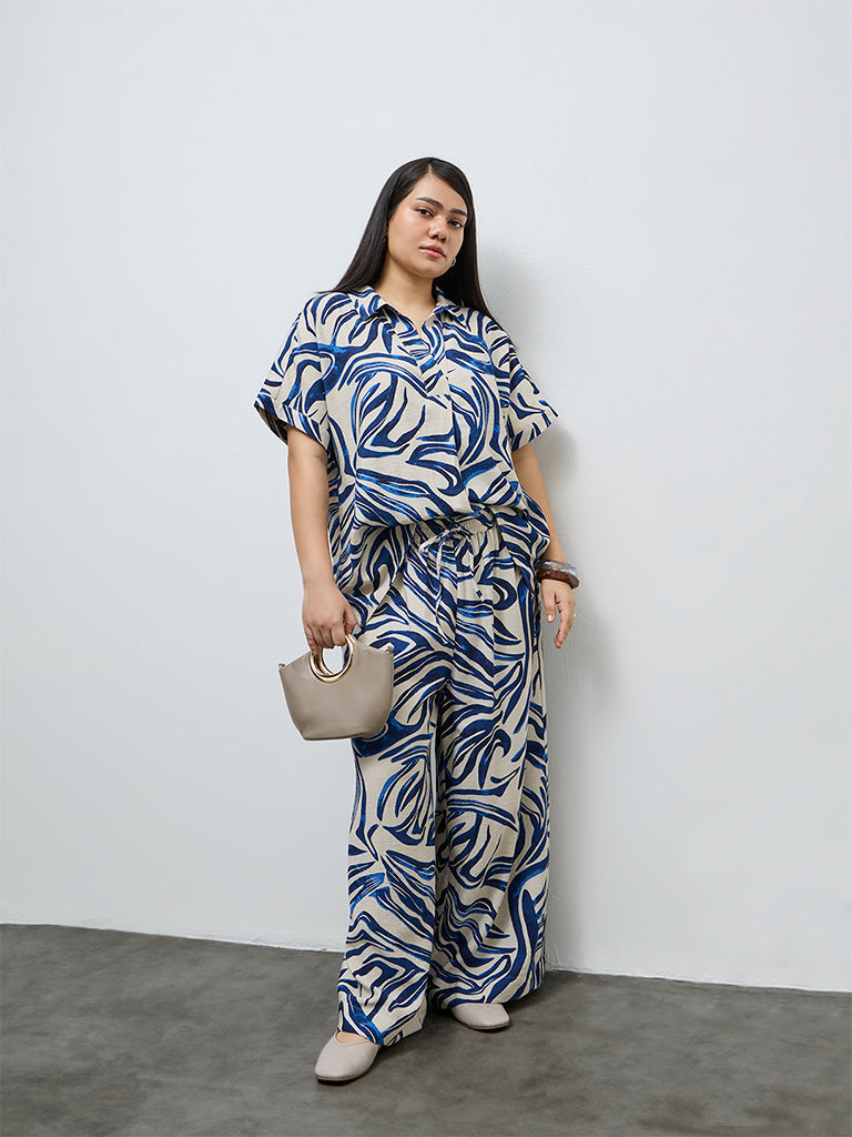 Gia Navy Abstract Design Linen-Blend Blouse