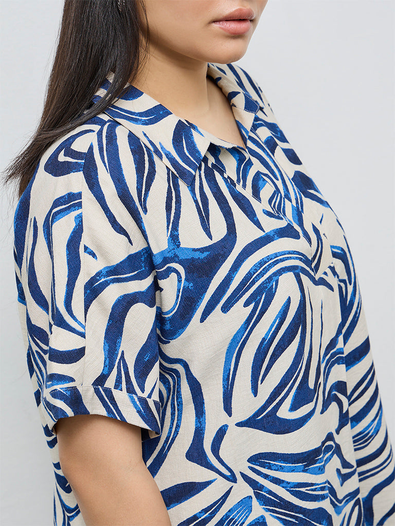 Gia Navy Abstract Design Linen-Blend Blouse