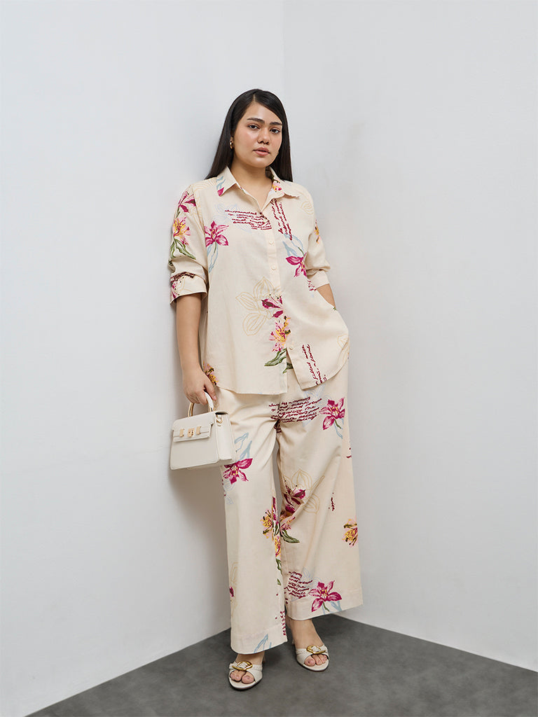Gia Cream Floral Pattern Cotton-Blend Shirt