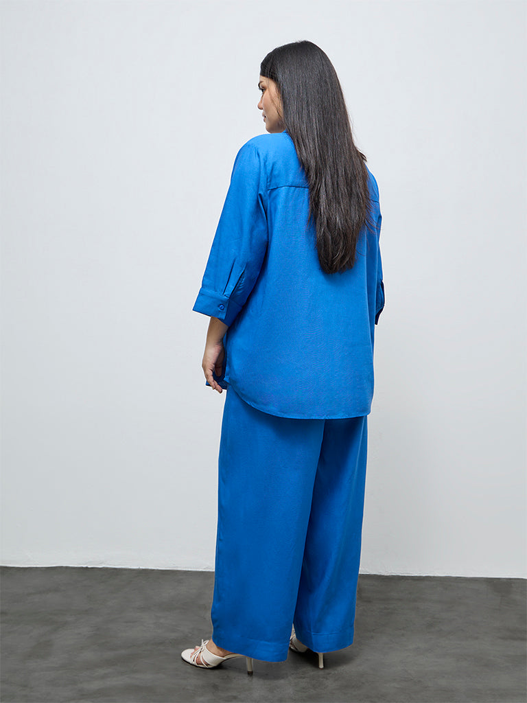 Gia Blue Solid High-Rise Pants