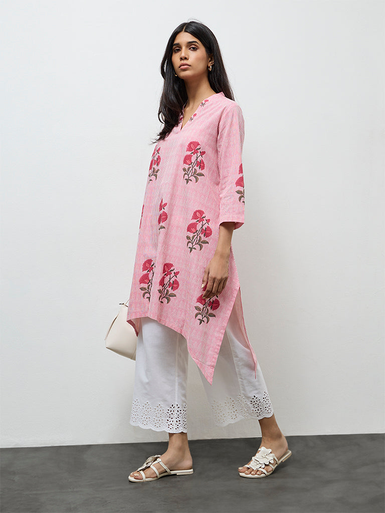 Utsa Pink Printed Cotton A-Line Kurta
