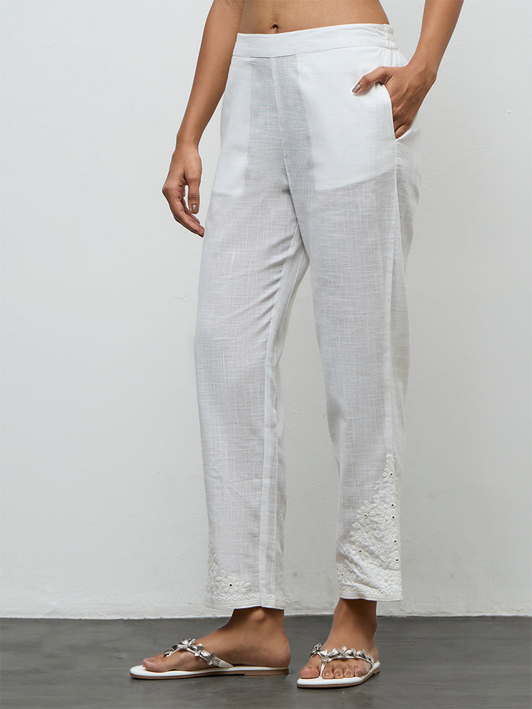 Utsa White Floral Embroidered Cotton Pants