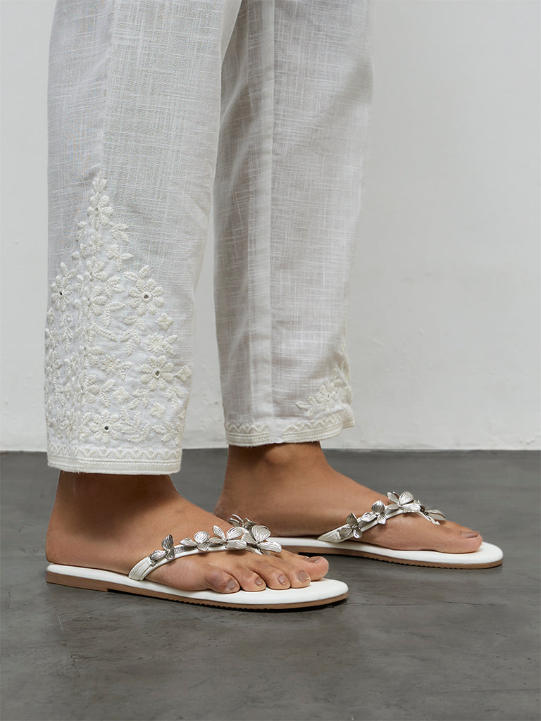 Utsa White Floral Embroidered Cotton Pants
