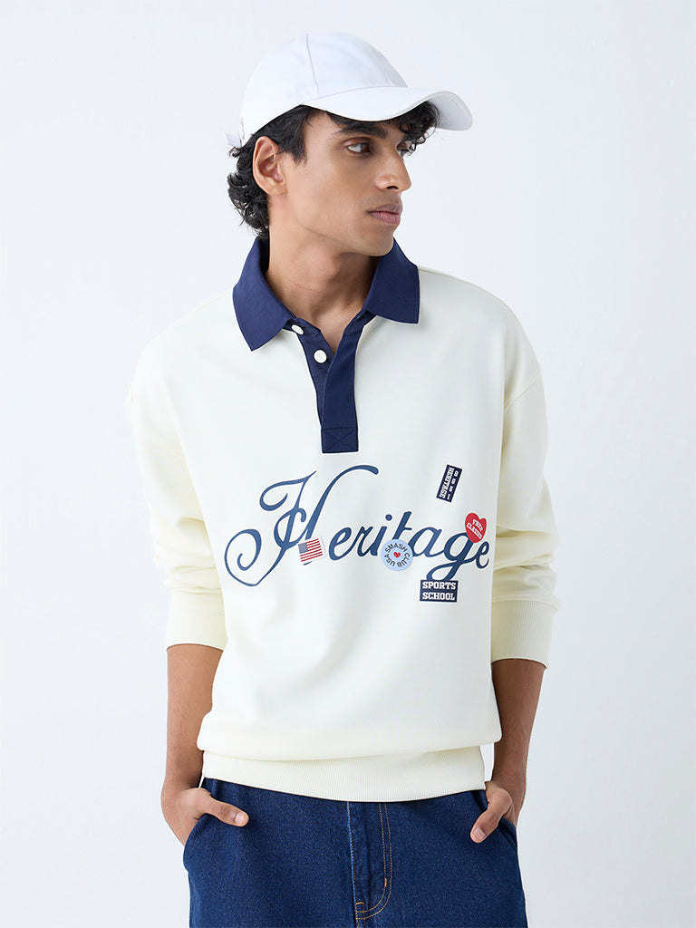 Nuon White Text Design Relaxed-Fit Cotton-Blend Polo T-Shirt