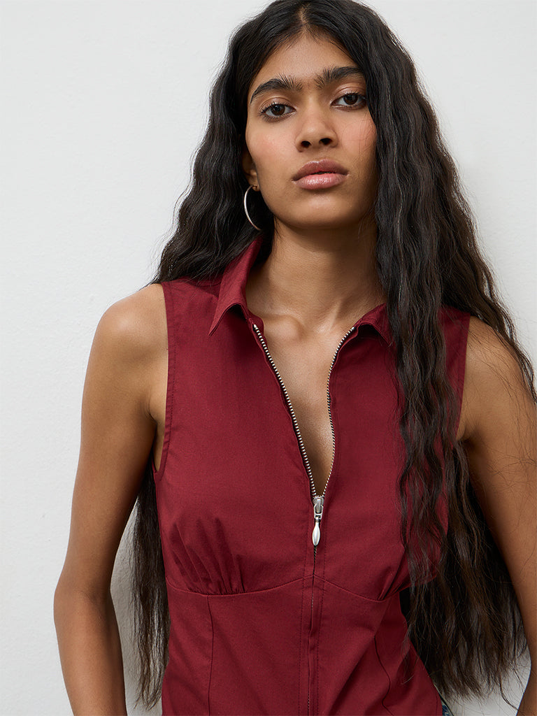 Nuon Red Solid Corset-Inspired Cotton Top