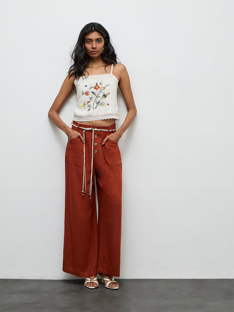LOV Rust High-Rise Linen Trousers with Belt