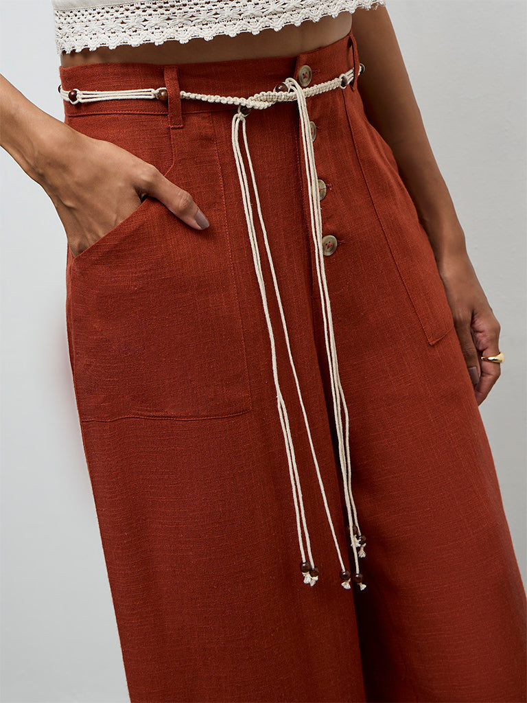 LOV Rust High-Rise Linen Trousers with Belt