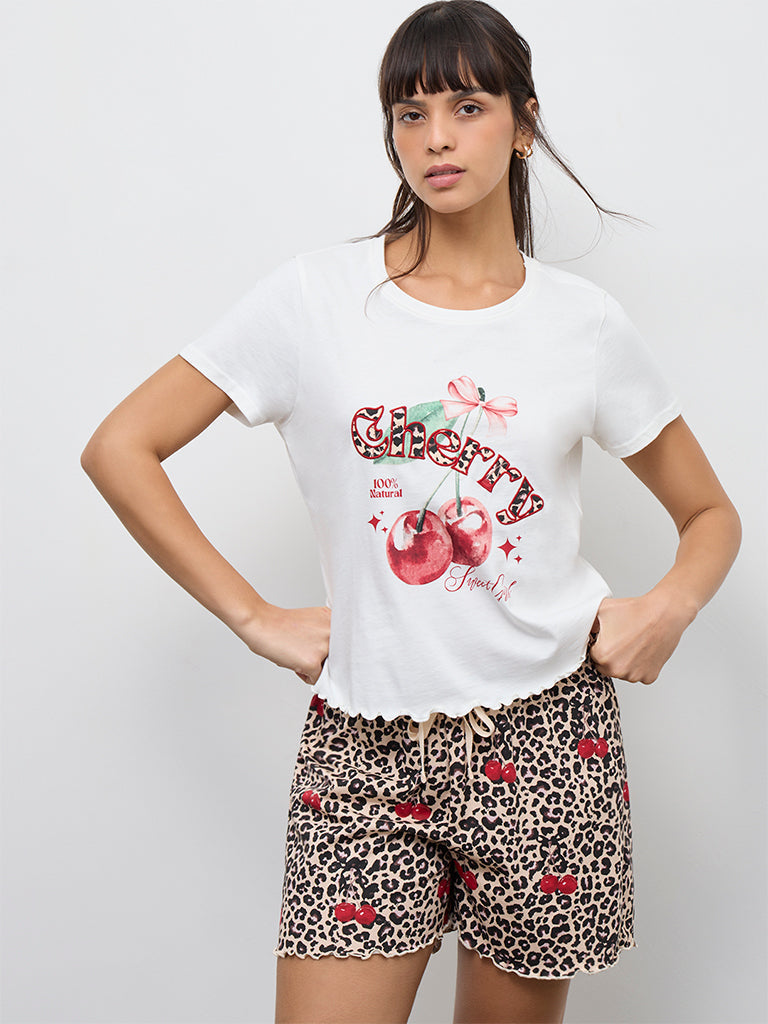Wunderlove Off-White Printed Cotton T-Shirt and Shorts Set