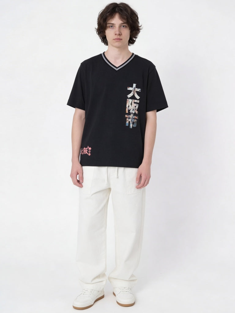 Y&F Kids Boys Black Japanese Text-Printed Cotton T-Shirt