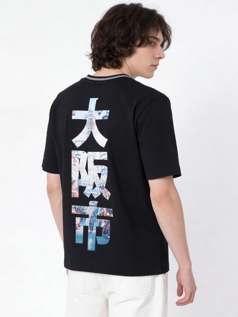 Y&F Kids Boys Black Japanese Text-Printed Cotton T-Shirt