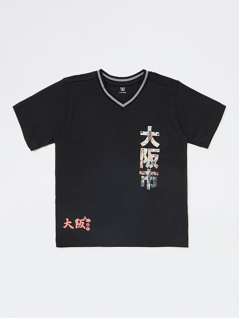 Y&F Kids Boys Black Japanese Text-Printed Cotton T-Shirt