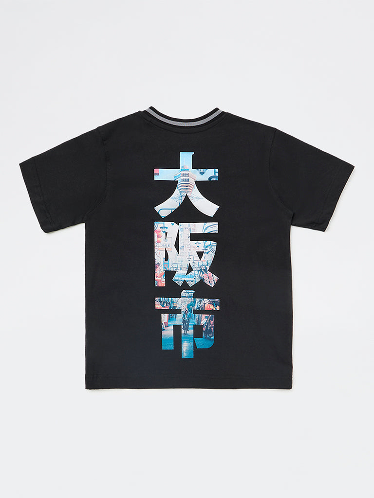 Y&F Kids Boys Black Japanese Text-Printed Cotton T-Shirt
