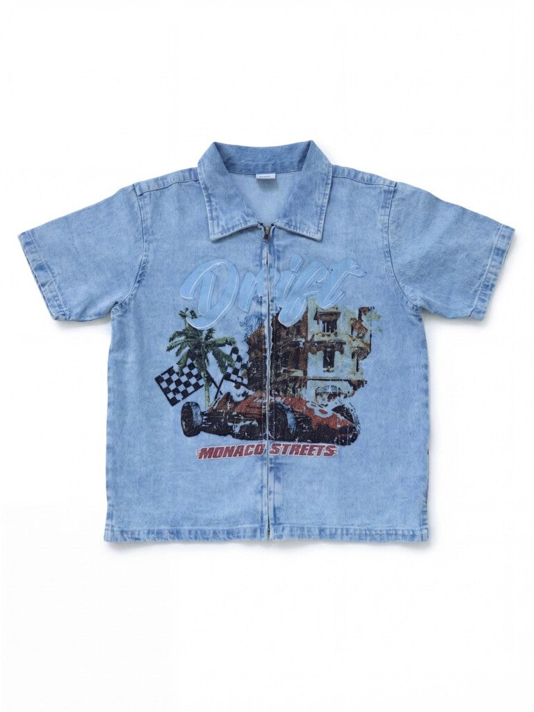 Y&F Kids Boys Blue Graphic Print Zip-Up Denim Shirt