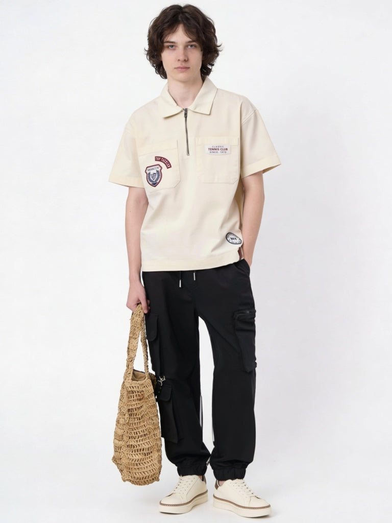 Y&F Kids Boys Off-White Printed Cotton Polo T-Shirt