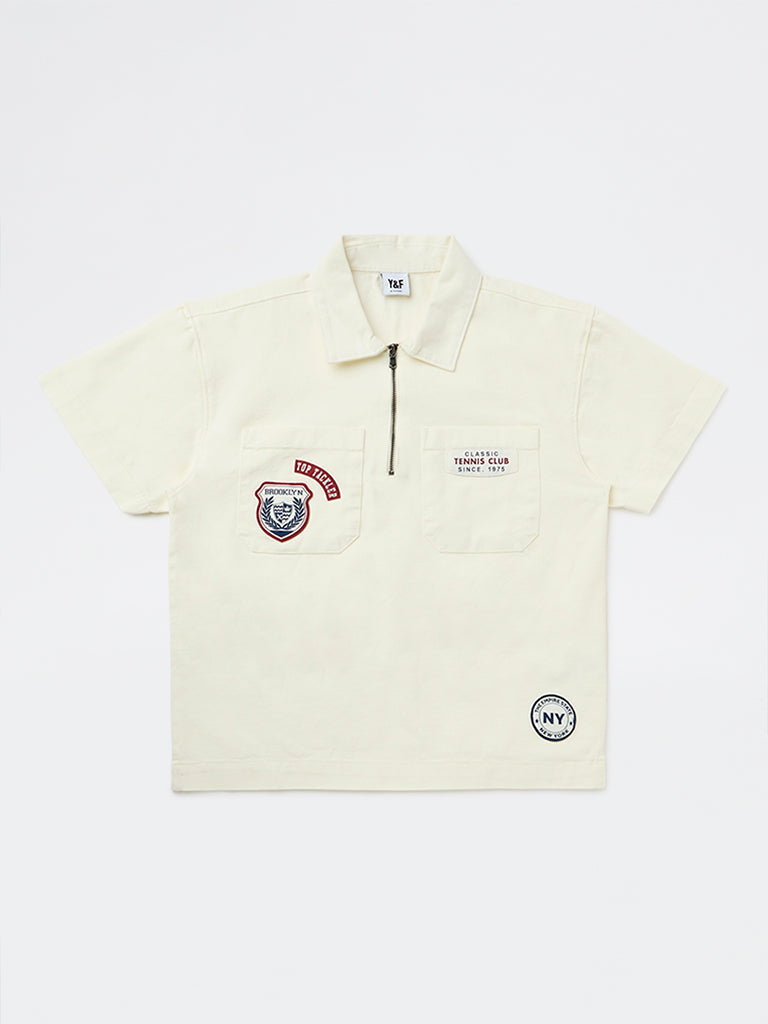 Y&F Kids Boys Off-White Printed Cotton Polo T-Shirt