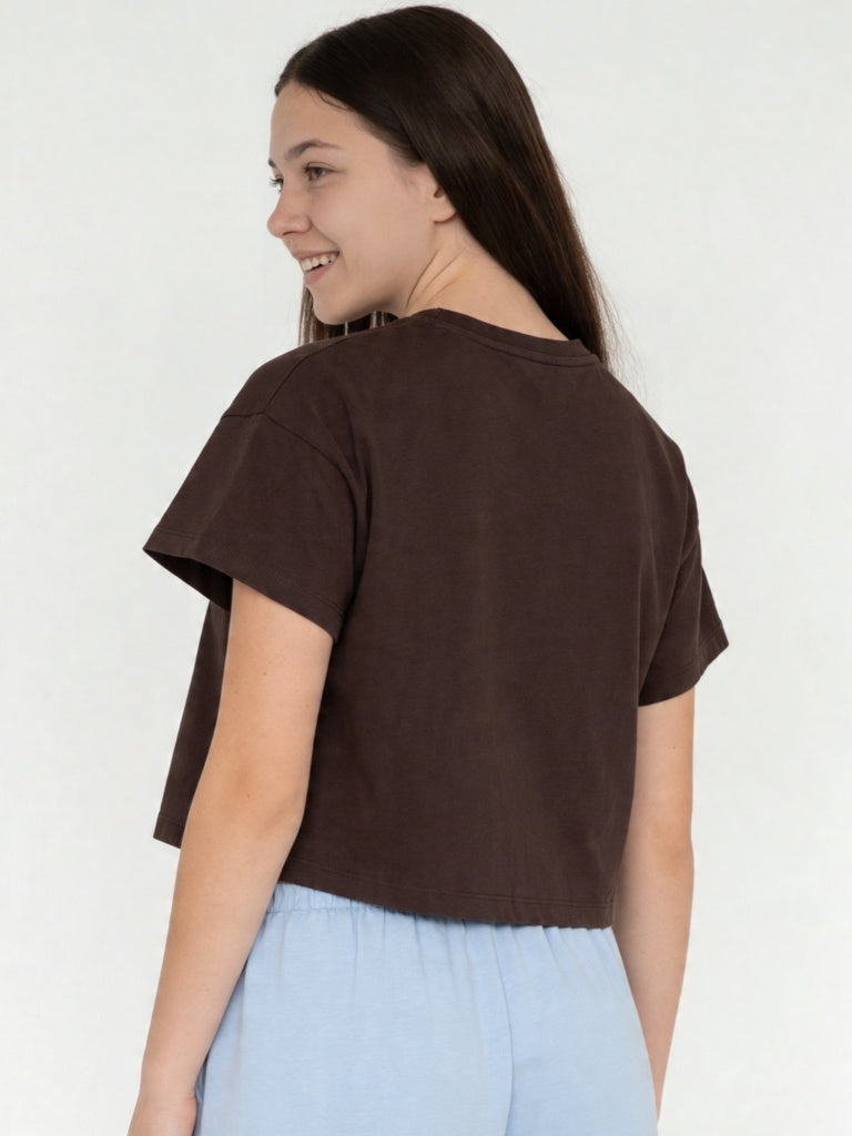 Y&F Kids Girls Dark Brown Printed Cotton T-Shirt