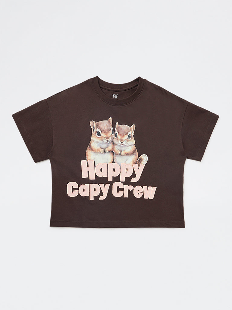 Y&F Kids Girls Dark Brown Printed Cotton T-Shirt
