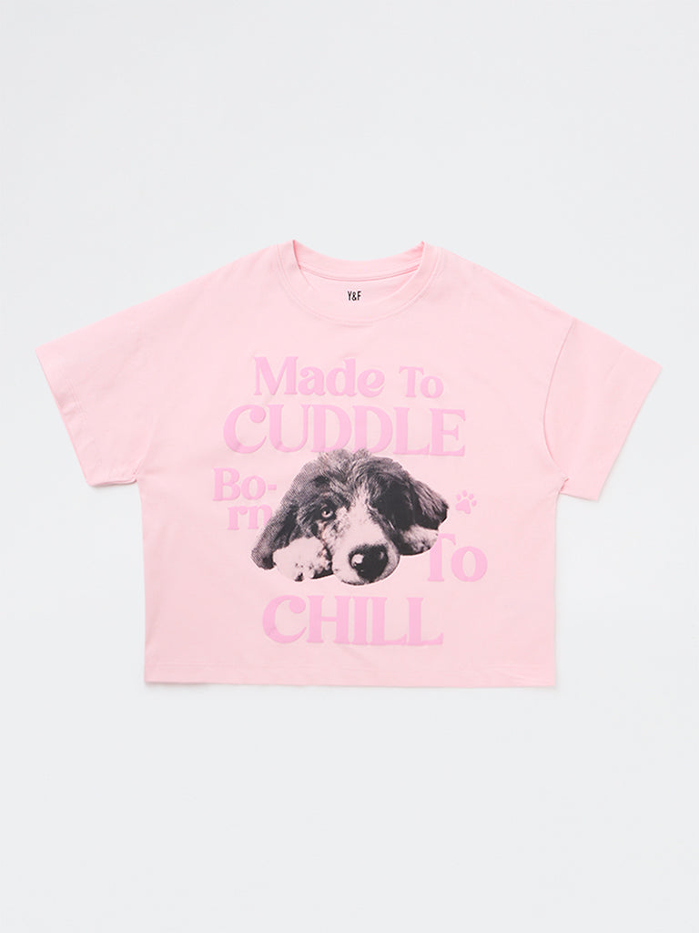 Y&F Kids Girls Pink Printed Cotton T-Shirt