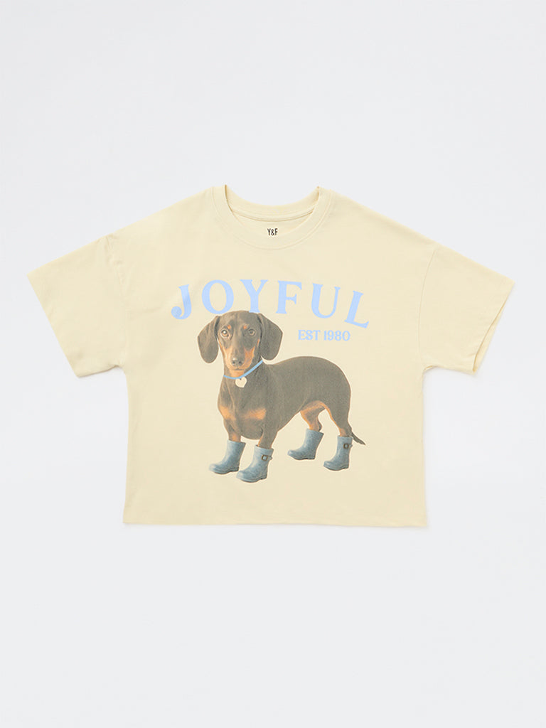 Y&F Kids Girls Yellow Printed Cotton T-Shirt