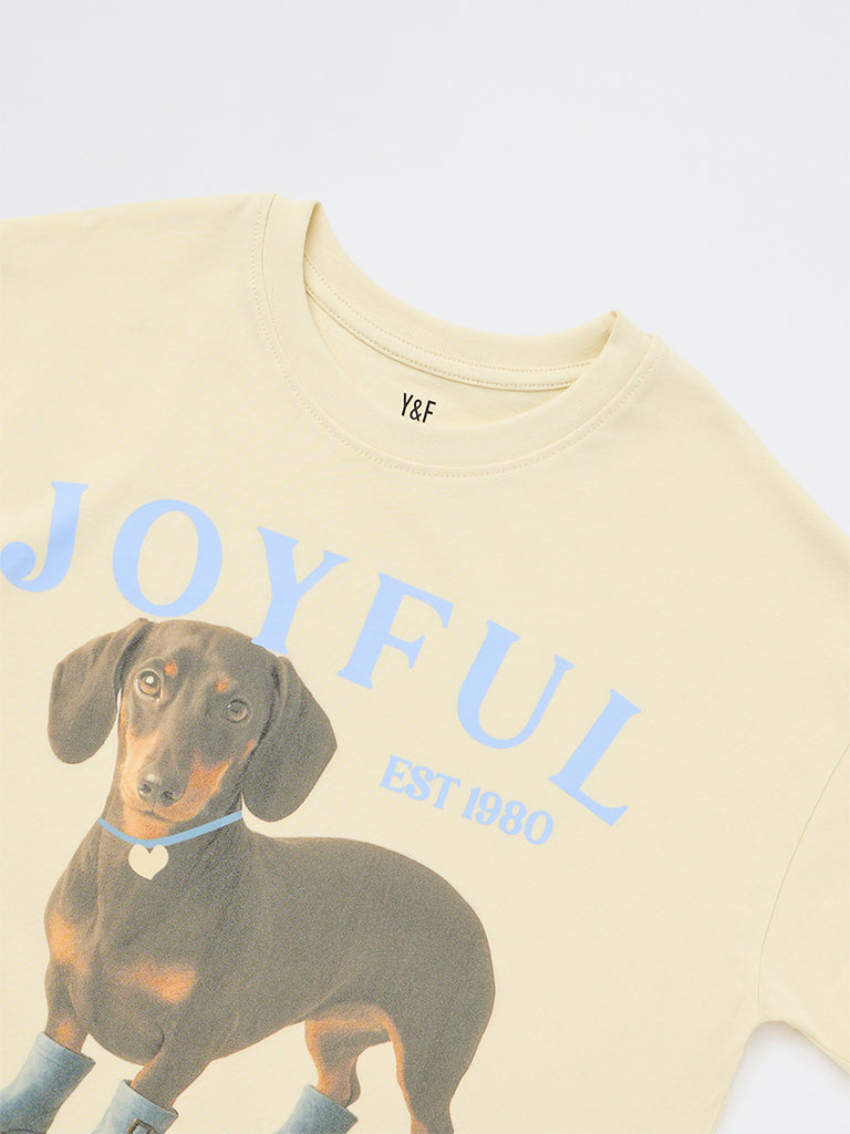 Y&F Kids Girls Yellow Printed Cotton T-Shirt