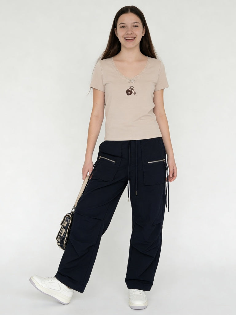 Girls Black Zip Pocket Wide Leg Cargo Trousers