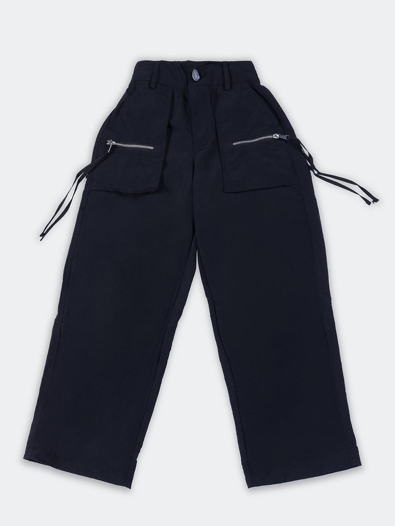 Girls Black Zip Pocket Wide Leg Cargo Trousers