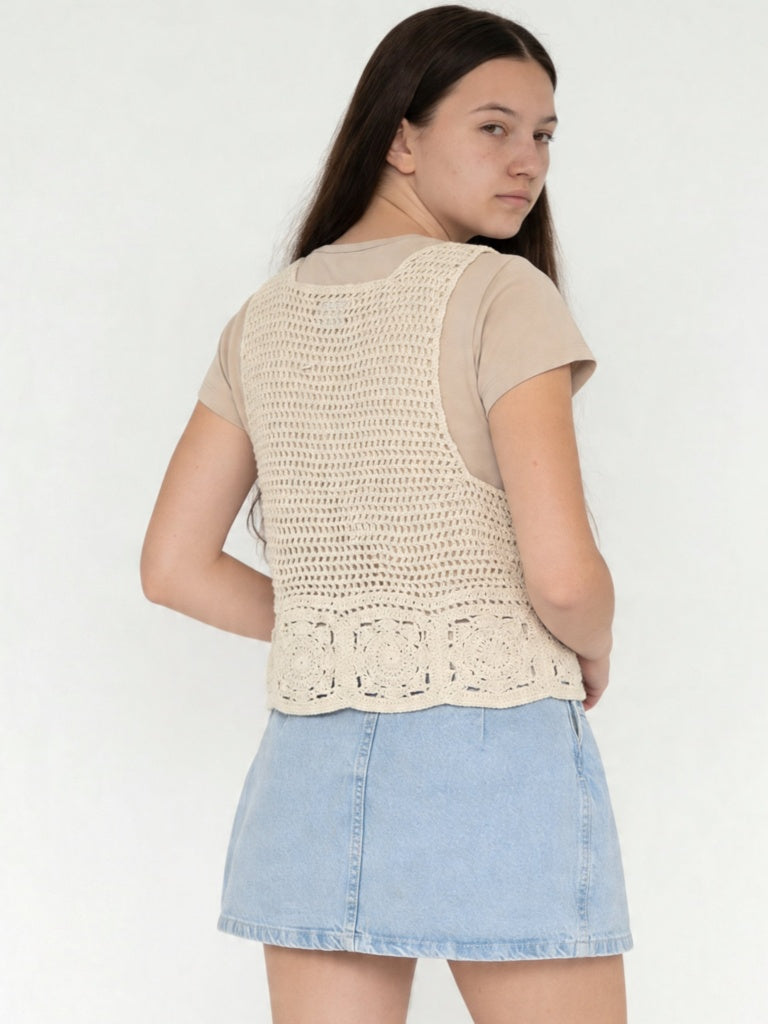 Y&F Kids Girls Beige Crochet Design Cotton-Blend Waistcoat with T-Shirt Set