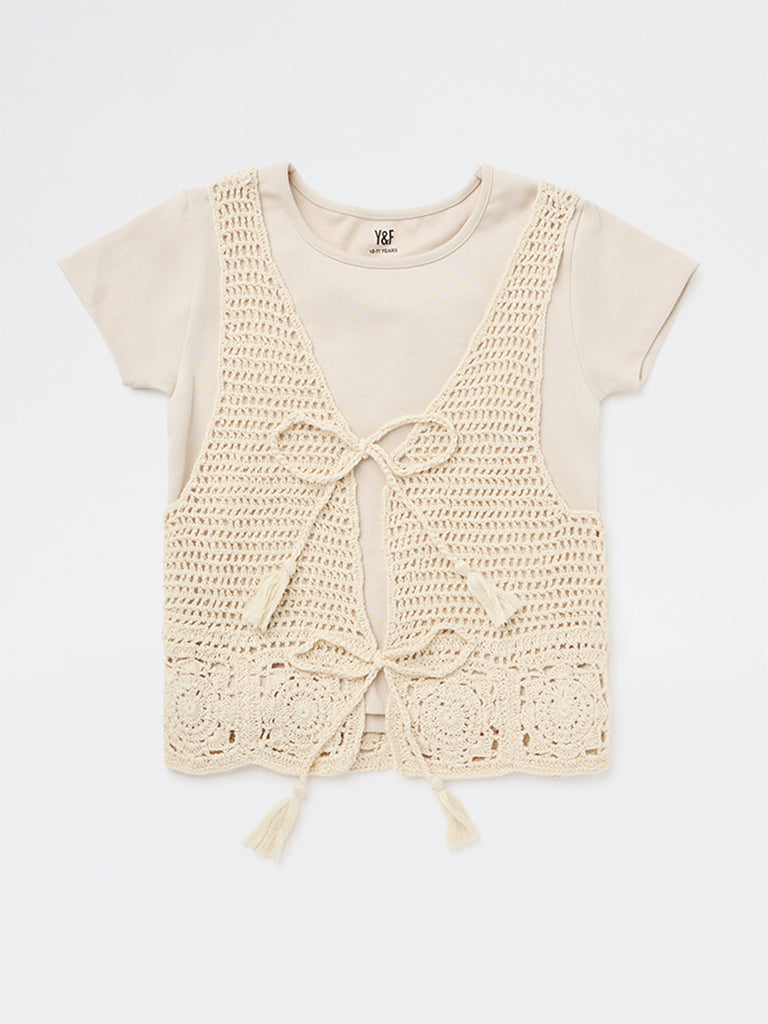 Y&F Kids Girls Beige Crochet Design Cotton-Blend Waistcoat with T-Shirt Set