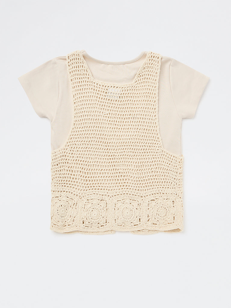 Y&F Kids Girls Beige Crochet Design Cotton-Blend Waistcoat with T-Shirt Set
