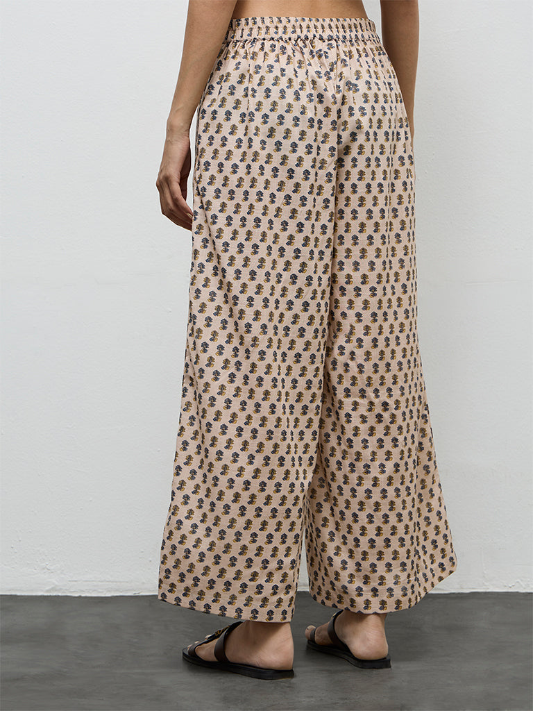 Utsa Light Beige Floral Printed Cotton Palazzos
