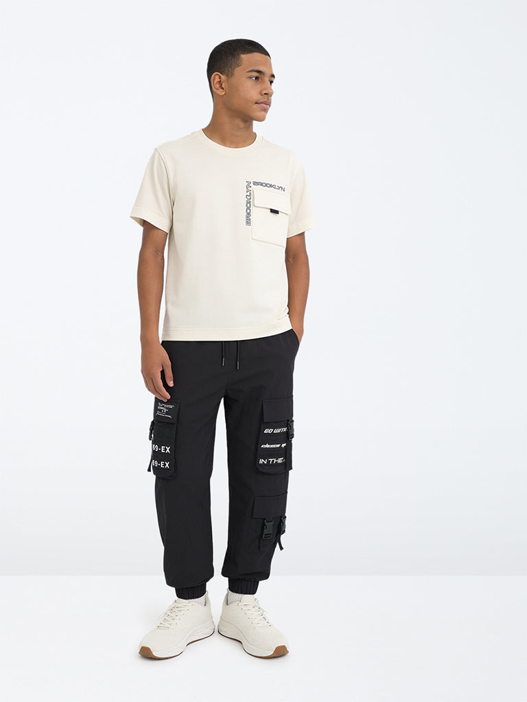 Boys Black Text-Detail Cargo-Style Joggers