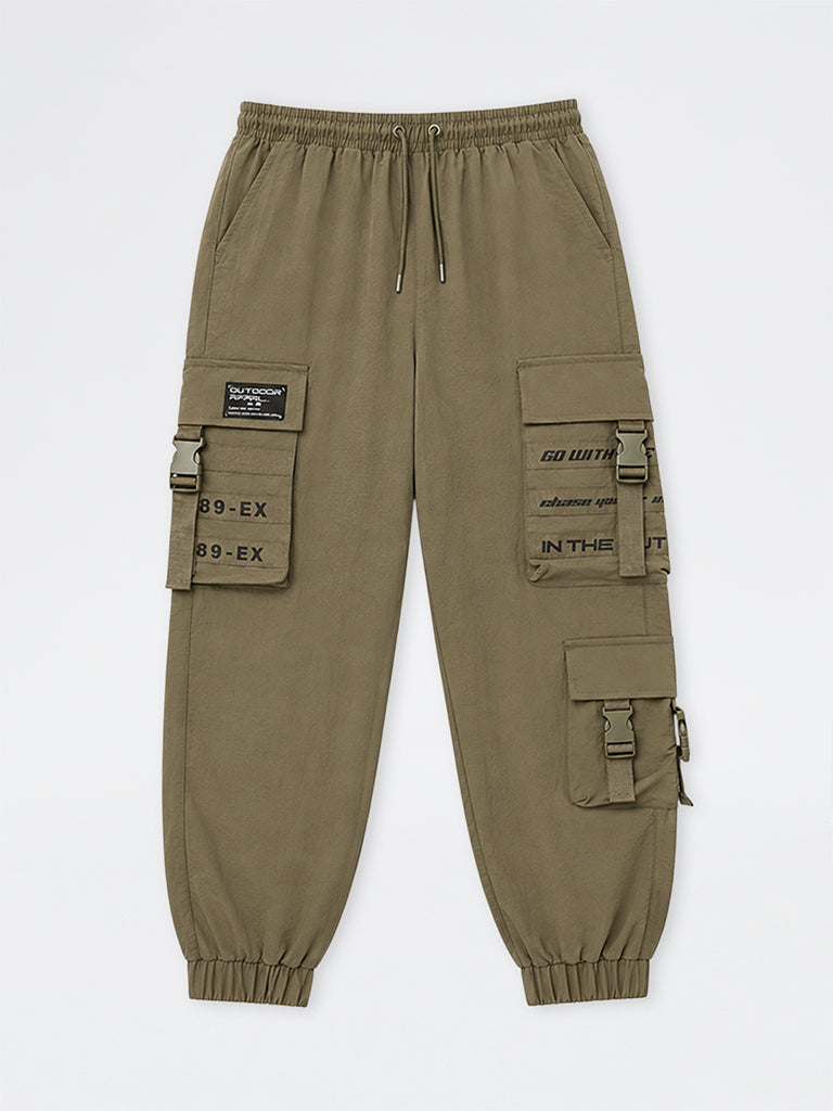 Boys Dark Olive Text-Detail Mid-Rise Cargo-Style Joggers